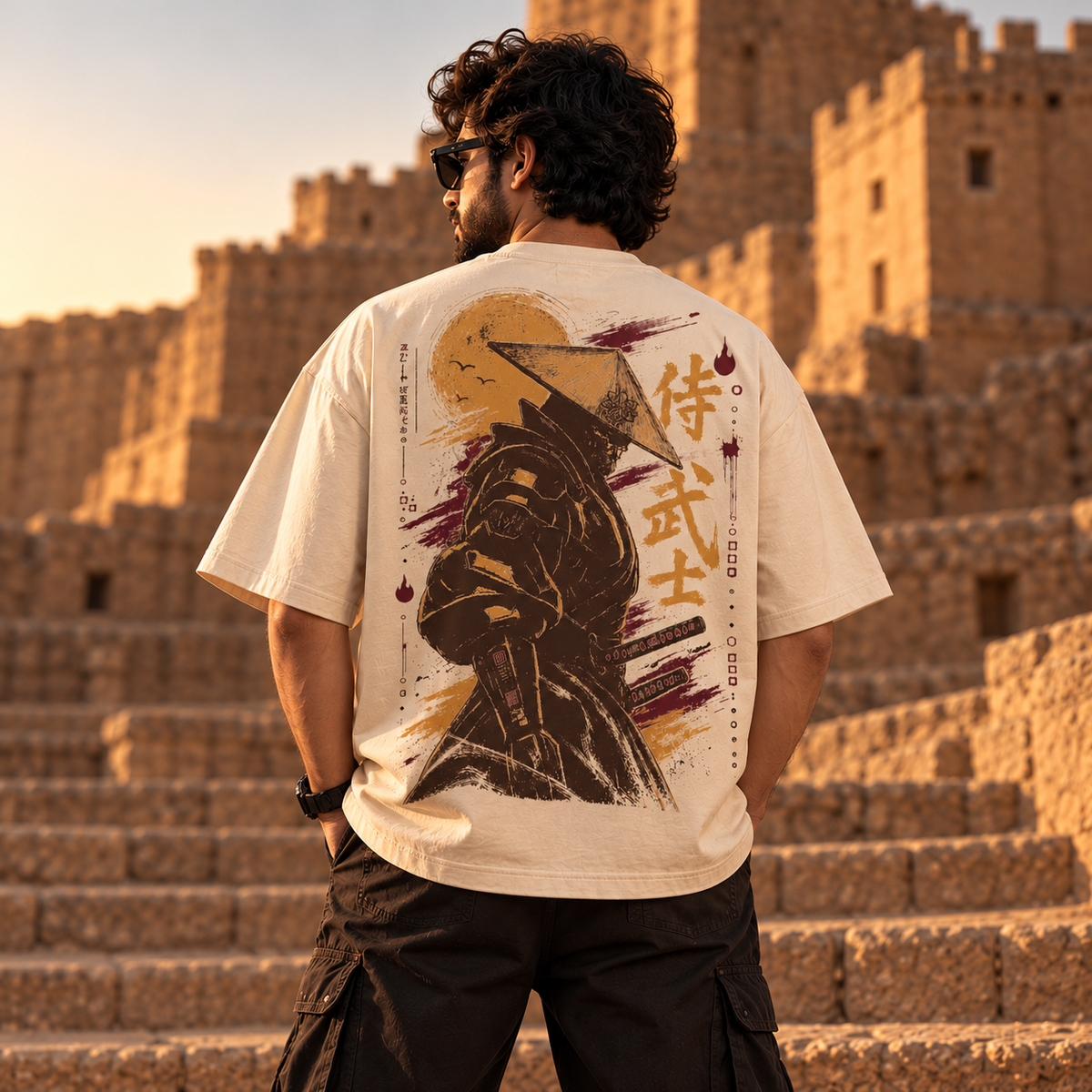 Samurai × No Mercy Oversized T-Shirt – Beige