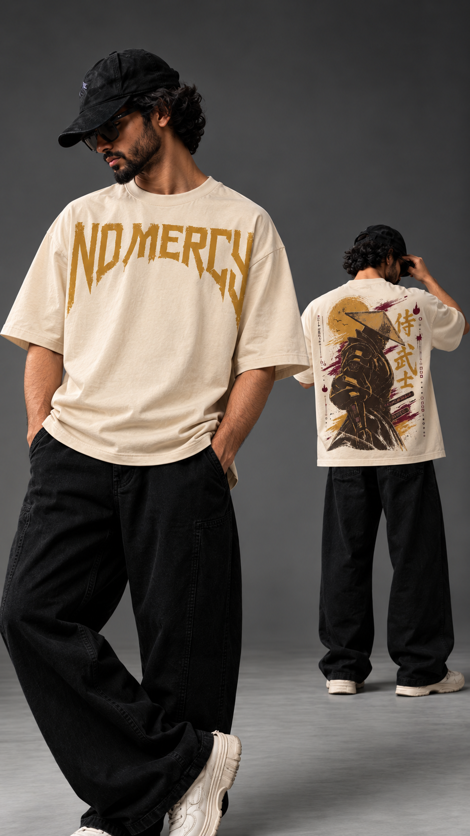 Samurai × No Mercy Oversized T-Shirt – Beige