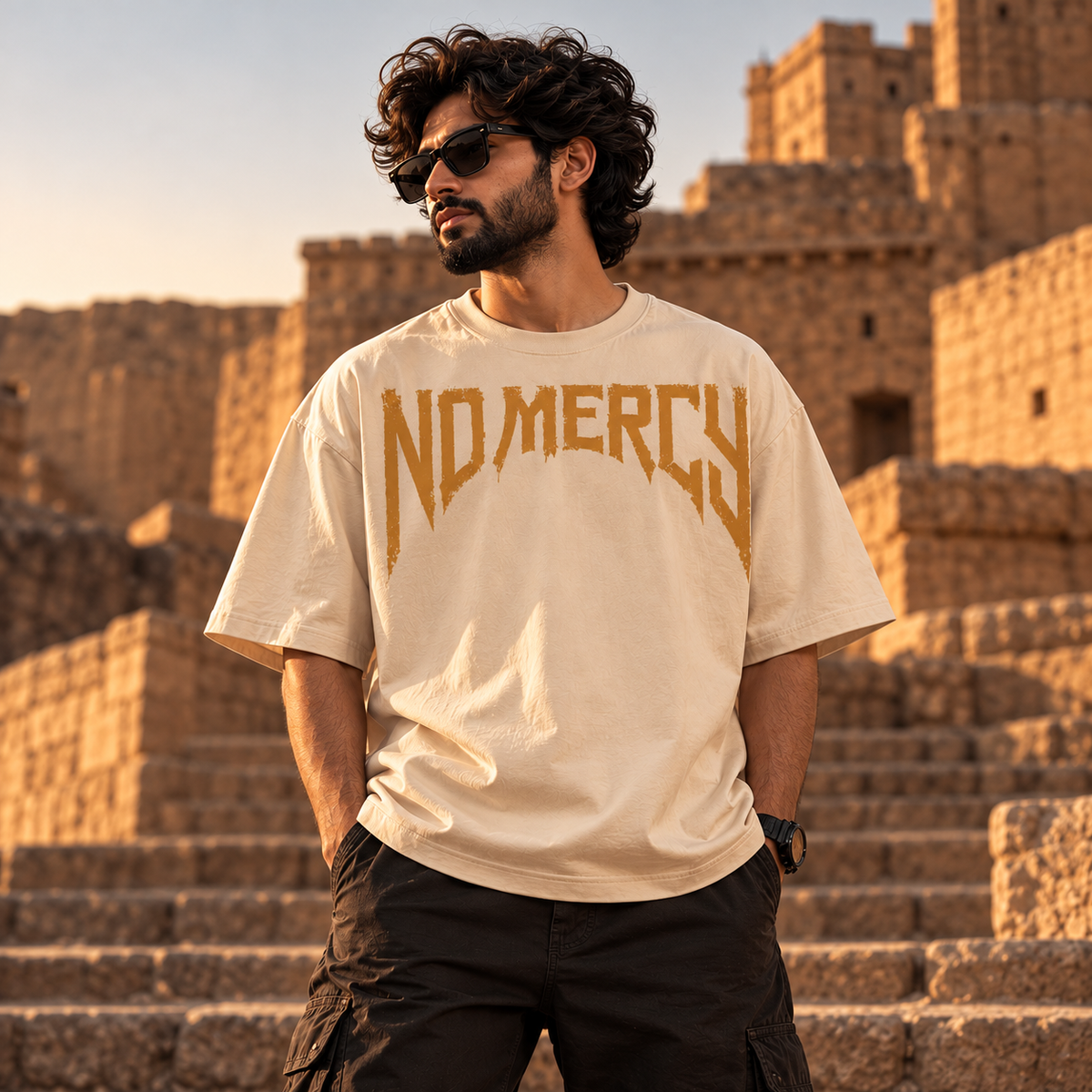 Samurai × No Mercy Oversized T-Shirt – Beige